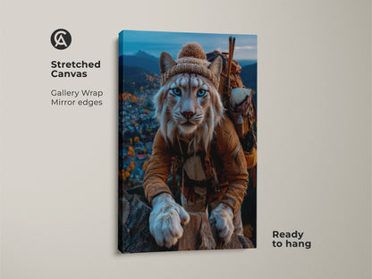 Lynx mountain explorer stretched canvas print. The blue eyed cat adventurer wall art brings nature indoors. Displaying the outdoor journey animal artwork on a gallery wrap. This eclectic home decor lynx painting has mirrored edges. It's ready to hang for any animal lover looking for forest animal art.