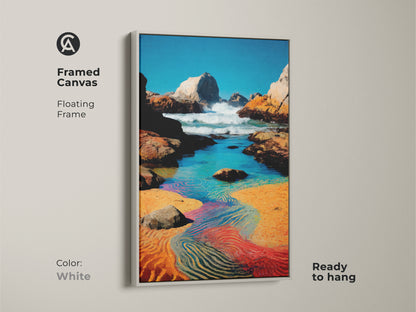 Framed canvas floating in white. Gift this art to a beach lover. Ready to hang ocean view canvas art is a vibrant coastal print. It captures rocky coastline with blue aqua orange hues.