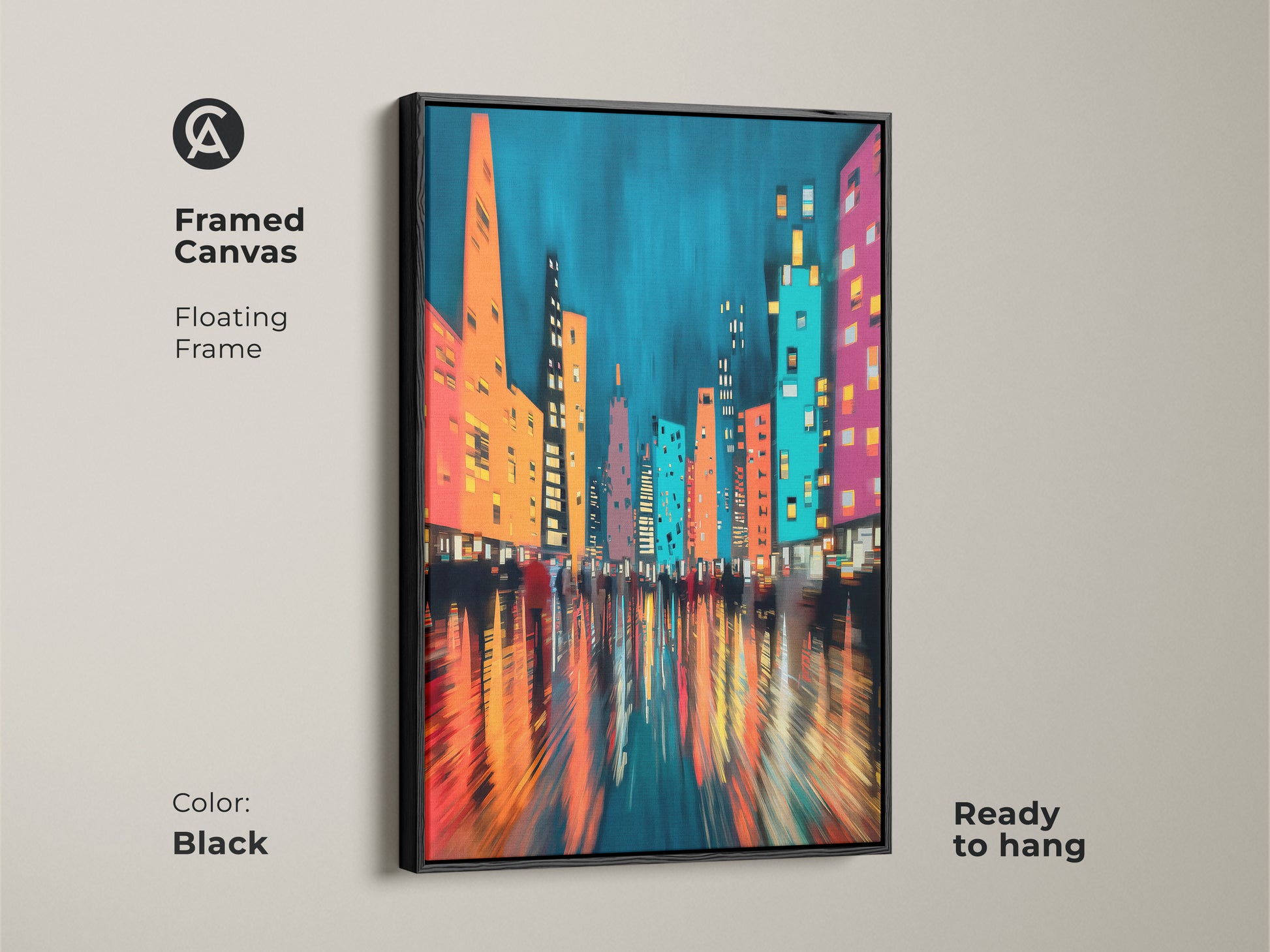 Framed canvas art featuring a modern abstract cityscape. The black floating frame enhances the teal blue artwork with orange and pink hues. Ready to hang for instant urban sophistication. A perfect gift for lovers of city views.