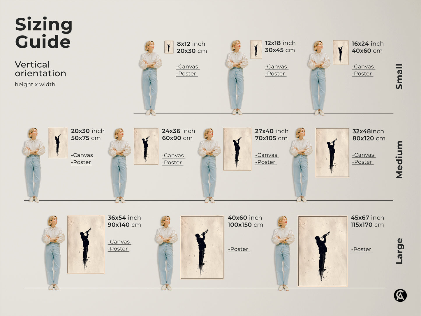 Vertical jazz art sizing guide. Shows canvas and poster options in various sizes. Visualize the silhouette of a trumpet player in your space. Find the perfect fit for your wall.