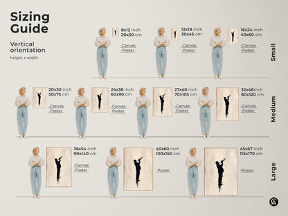 Vertical jazz art sizing guide. Shows canvas and poster options in various sizes. Visualize the silhouette of a trumpet player in your space. Find the perfect fit for your wall.