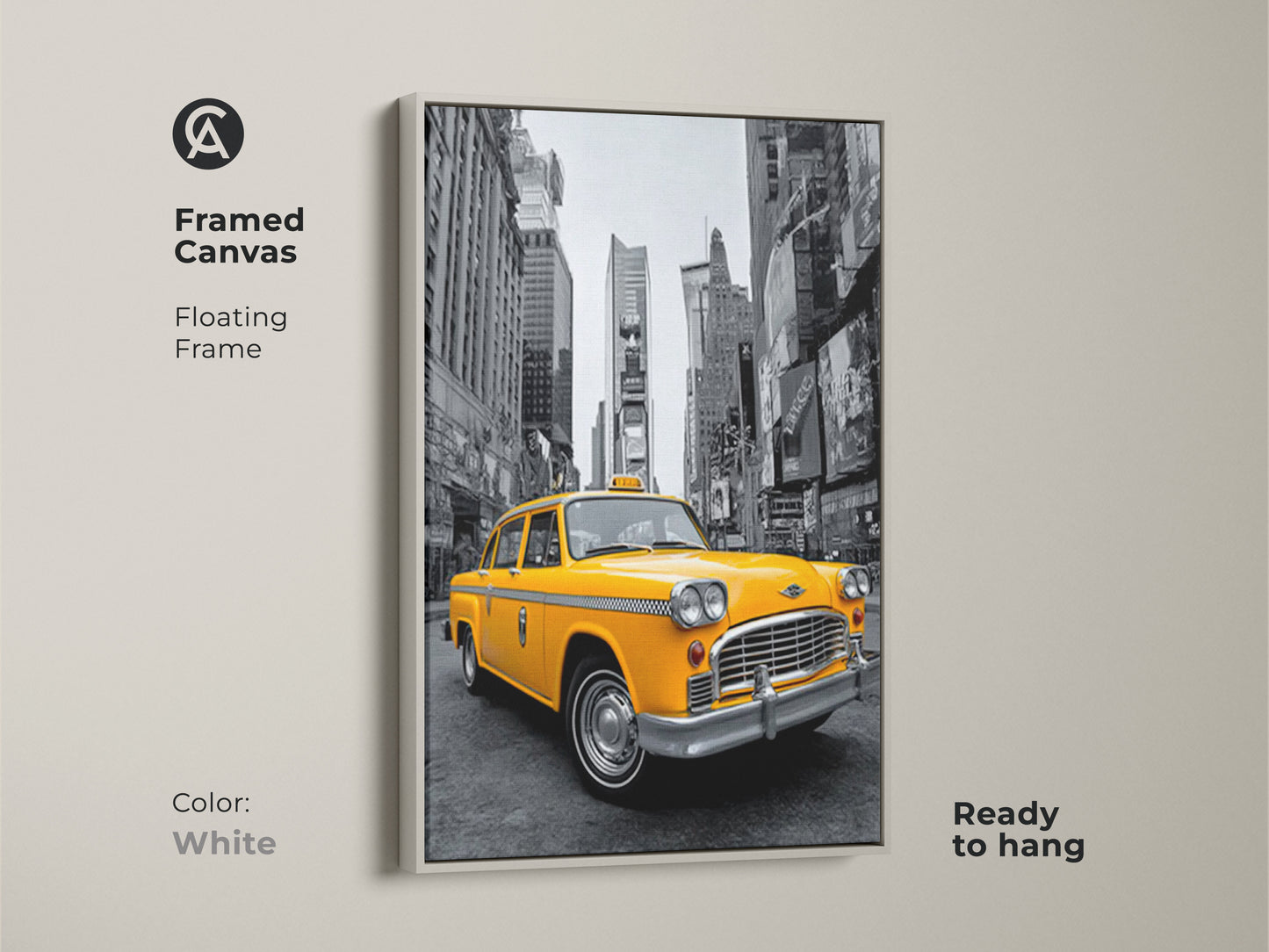 This framed canvas art print presents a yellow taxi. The white floating frame offers a clean modern look. Ready to hang this canvas brightens any interior. The New York City backdrop complements the taxi art. A perfect blend of urban and classic elements.