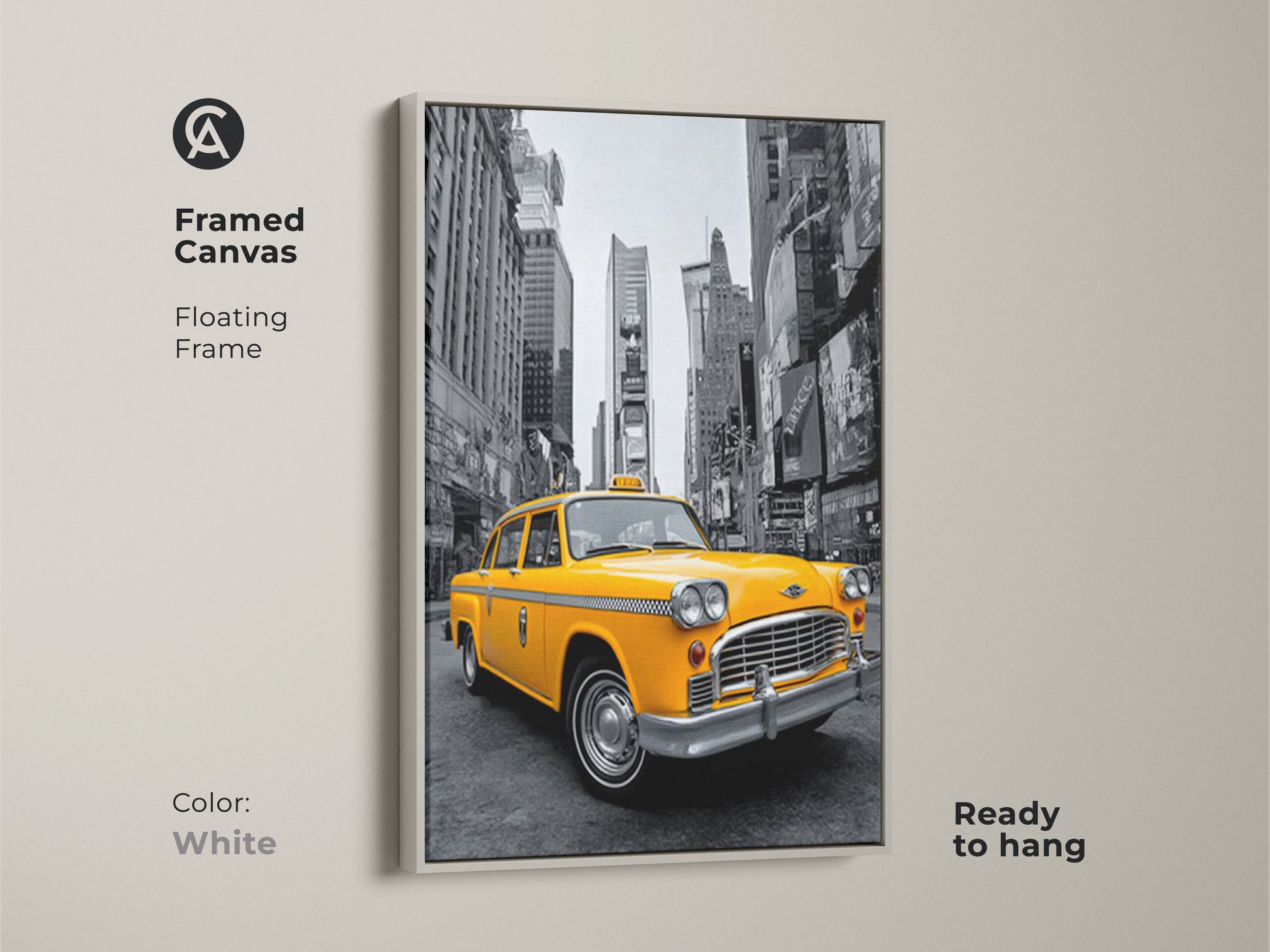 This framed canvas art print presents a yellow taxi. The white floating frame offers a clean modern look. Ready to hang this canvas brightens any interior. The New York City backdrop complements the taxi art. A perfect blend of urban and classic elements.