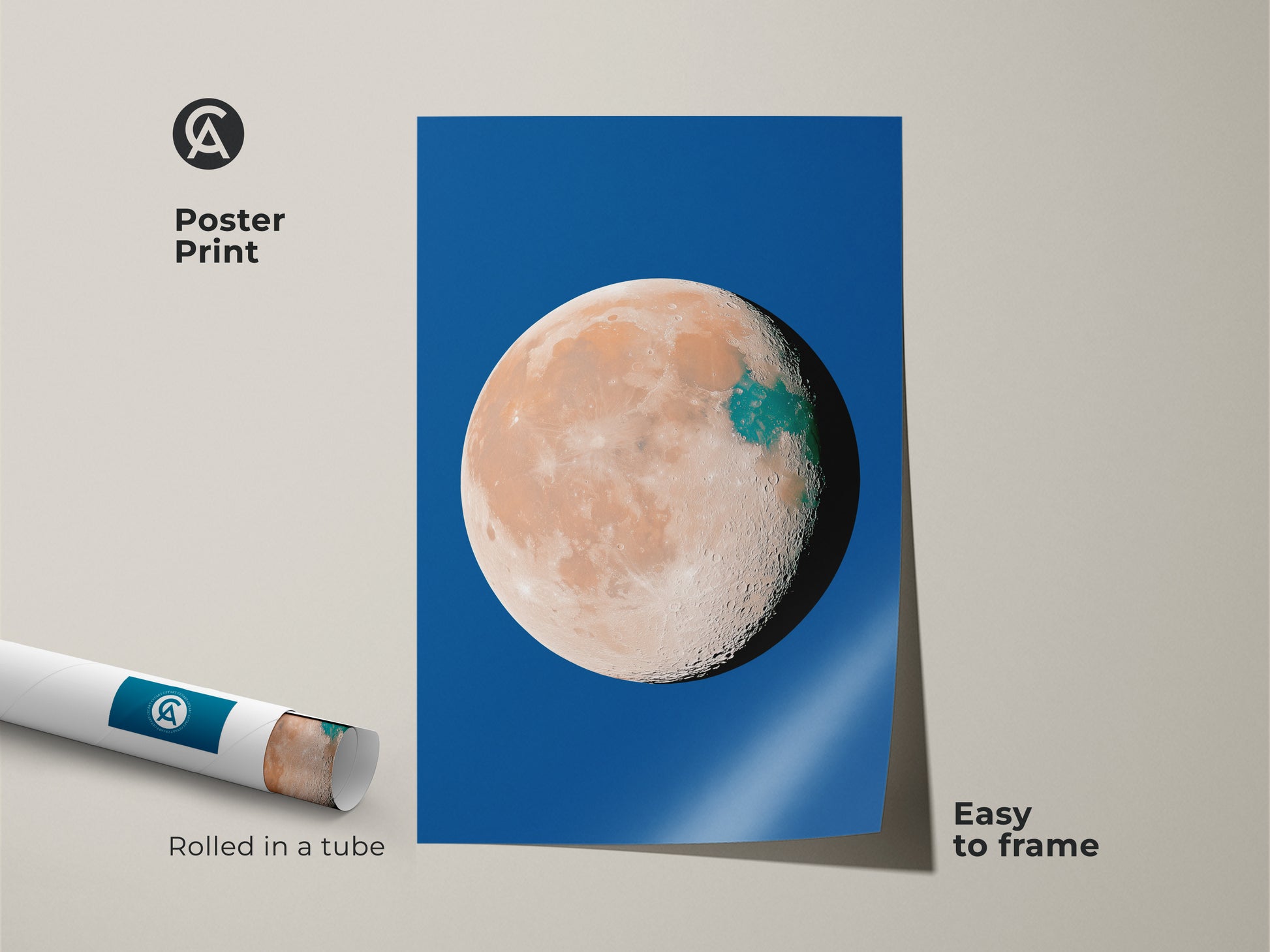 Poster print of abstract planet artwork. This celestial moon decor features blue orange and teal colors. The space wall art has a surreal minimalist style. Perfect astronomy lover gift rolled in a tube easy to frame.