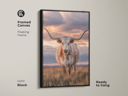 Framed Texas Longhorn canvas art with a black floating frame. Ready to hang this rustic cattle wall art enhances your space. Showcasing a savanna sunset landscape it's perfect for farmhouse decor. This photorealistic animal print adds charm.