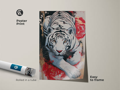 Poster print of a white tiger and red rose painting. This wildlife poster is easy to frame. The expressive animal artwork will enhance any office space. Rolled in a tube for protection.