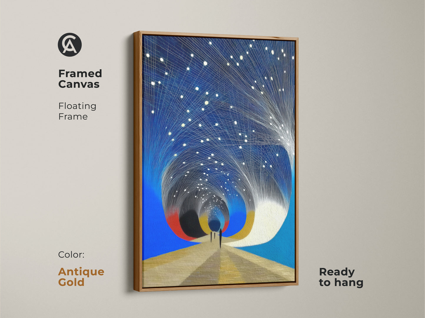 Antique gold framed canvas of surreal modern artwork. This abstract tunnel vision art is ready to hang. It makes a unique celestial gift. It is great for any room.