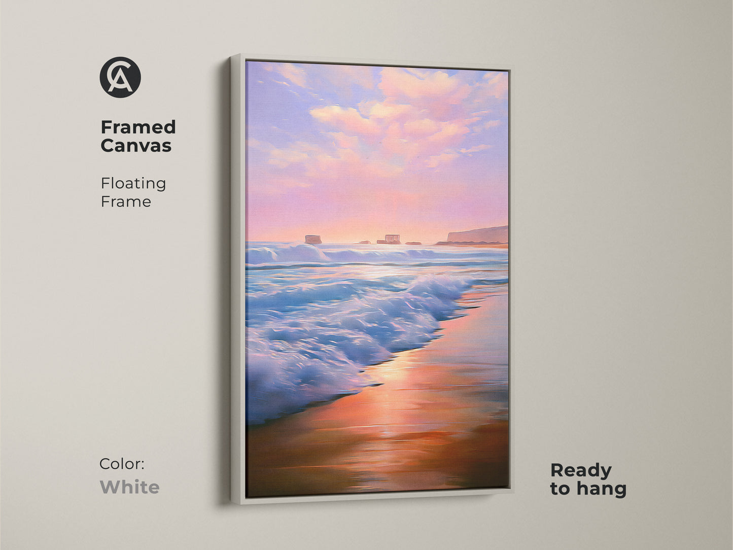 Framed canvas features a white floating frame enhancing the coastal sunset wall art. This impressionist ocean print captures a pink purple beach canvas. Perfect as art print for living room to give a calm residential ocean decor.