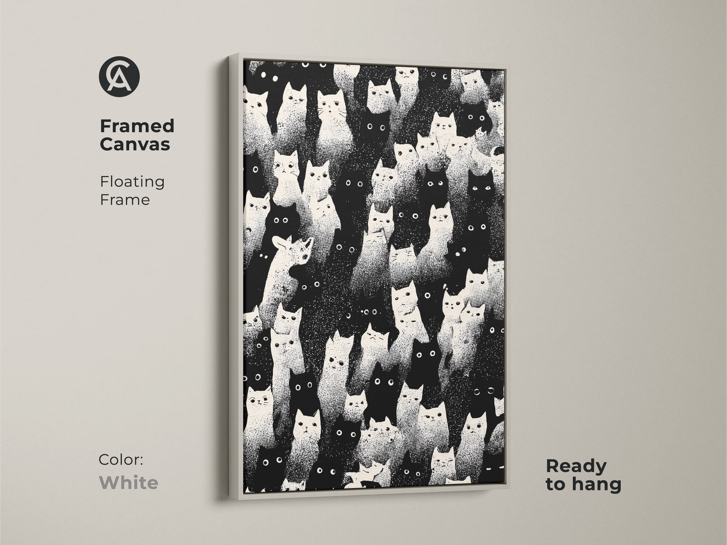 Framed canvas with a floating frame in white. This frame accentuates the eclectic cat artwork. It's a ready-to-hang piece of minimalist animal decor. Perfect as a graphic animal wall art selection. A unique cat lover present that enhances any bedroom.