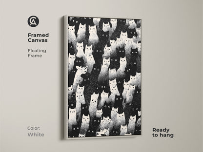 Framed canvas with a floating frame in white. This frame accentuates the eclectic cat artwork. It's a ready-to-hang piece of minimalist animal decor. Perfect as a graphic animal wall art selection. A unique cat lover present that enhances any bedroom.