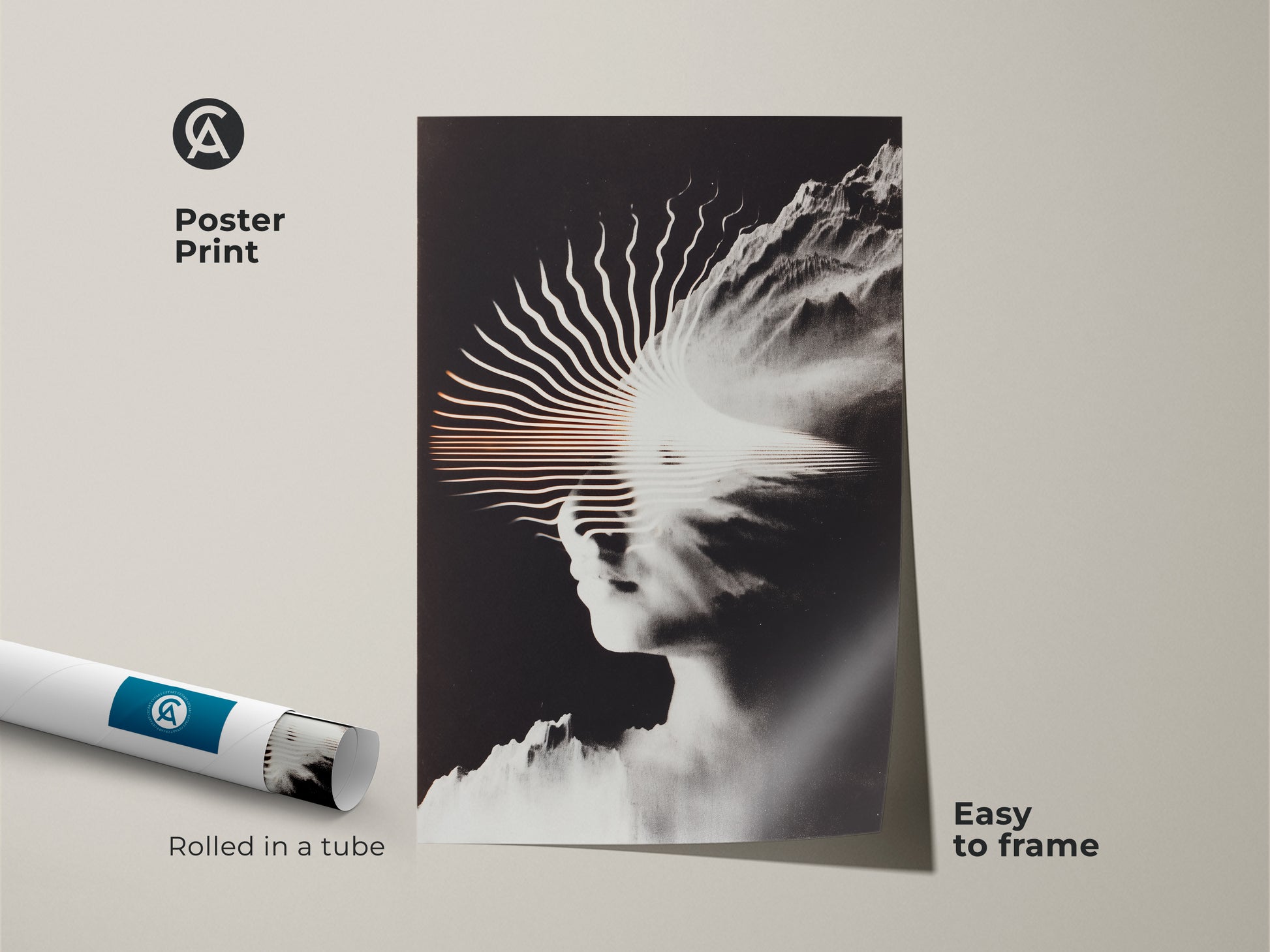 Image showcases a rolled poster print of a black and white surreal face with mountain artwork. The contemporary poster is easy to frame. Ideal for modern study or office wall art. A minimalist grayscale print to enhance any space with conceptual depth.