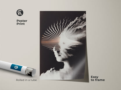 Image showcases a rolled poster print of a black and white surreal face with mountain artwork. The contemporary poster is easy to frame. Ideal for modern study or office wall art. A minimalist grayscale print to enhance any space with conceptual depth.