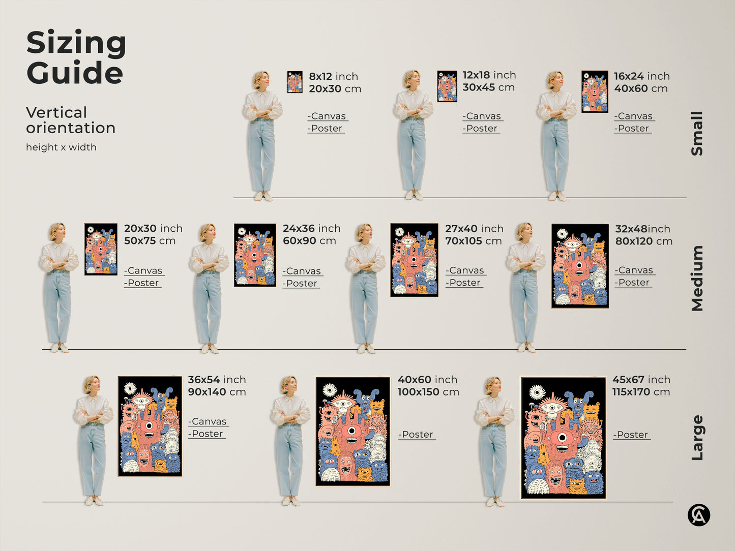 Sizing guide for kids wall art prints. Showing vertical orientation height and width. The monster art is available in canvas and poster options. It is perfect for eclectic kids room decor and as a birthday gift for children.