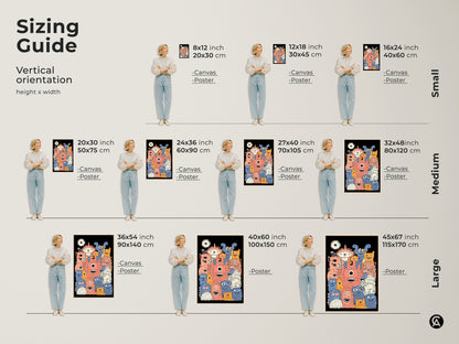Sizing guide for kids wall art prints. Showing vertical orientation height and width. The monster art is available in canvas and poster options. It is perfect for eclectic kids room decor and as a birthday gift for children.