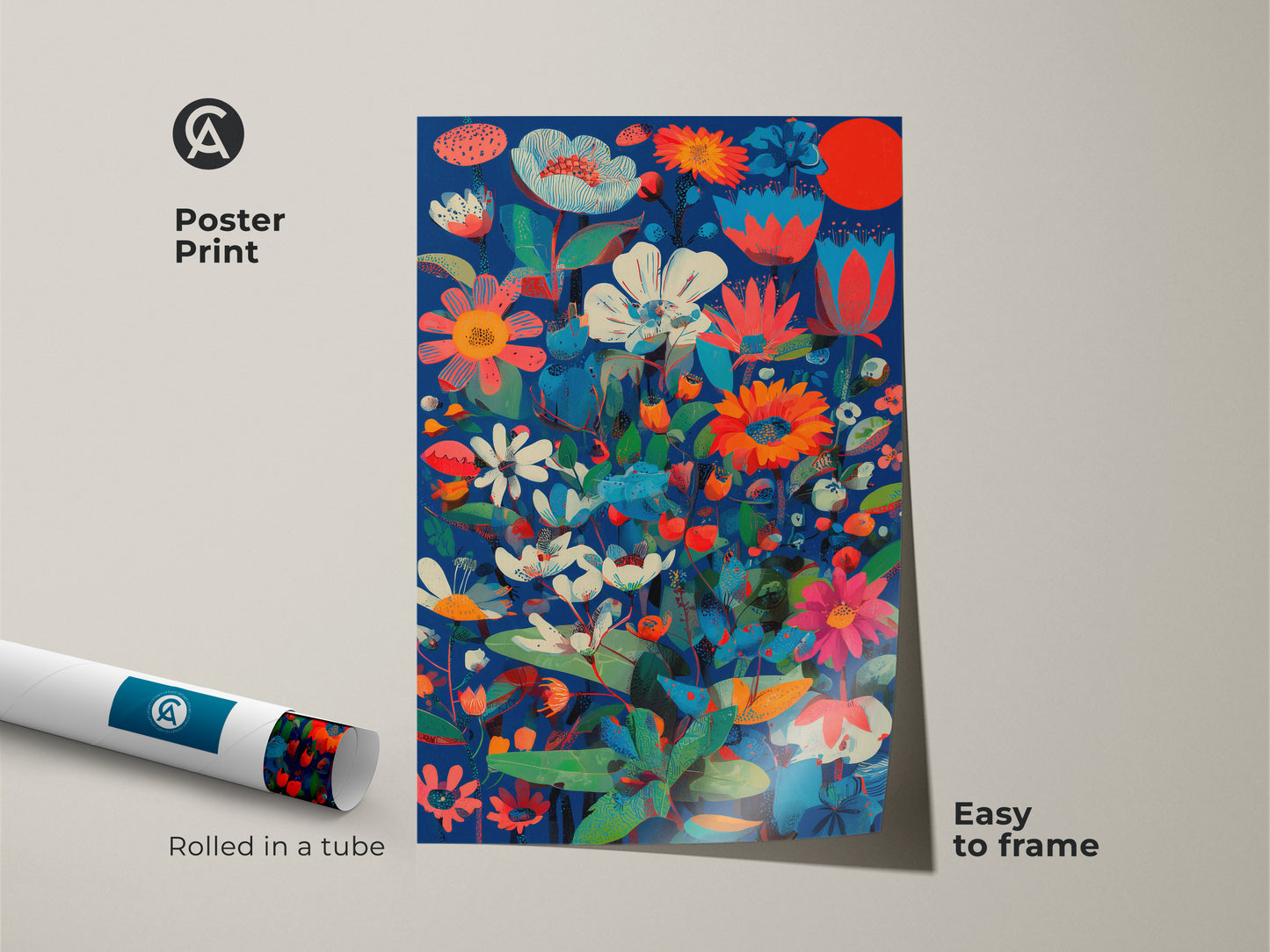 Poster print of botanical abstract wall art. The floral art is rolled in a tube and easy to frame. The print features deep blue coral red and teal colors. Modern folk art decor for plant lovers.