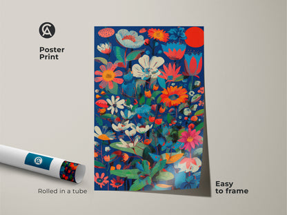 Poster print of botanical abstract wall art. The floral art is rolled in a tube and easy to frame. The print features deep blue coral red and teal colors. Modern folk art decor for plant lovers.