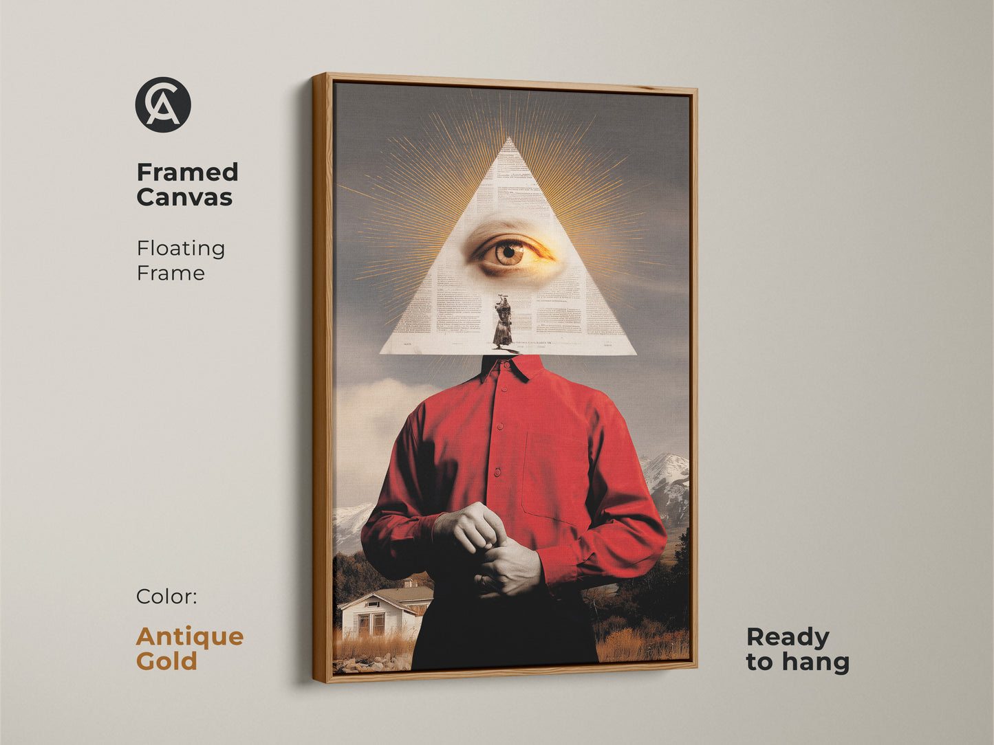 Framed canvas presenting surreal eye mountain collage art with an antique gold floating frame. This red and gold landscape wall art brings an eclectic style with symbolic depth. A thought-provoking piece makes a unique gift for art lovers.