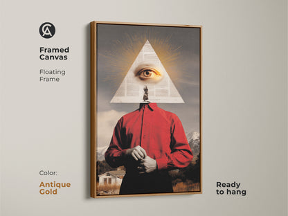 Framed canvas presenting surreal eye mountain collage art with an antique gold floating frame. This red and gold landscape wall art brings an eclectic style with symbolic depth. A thought-provoking piece makes a unique gift for art lovers.
