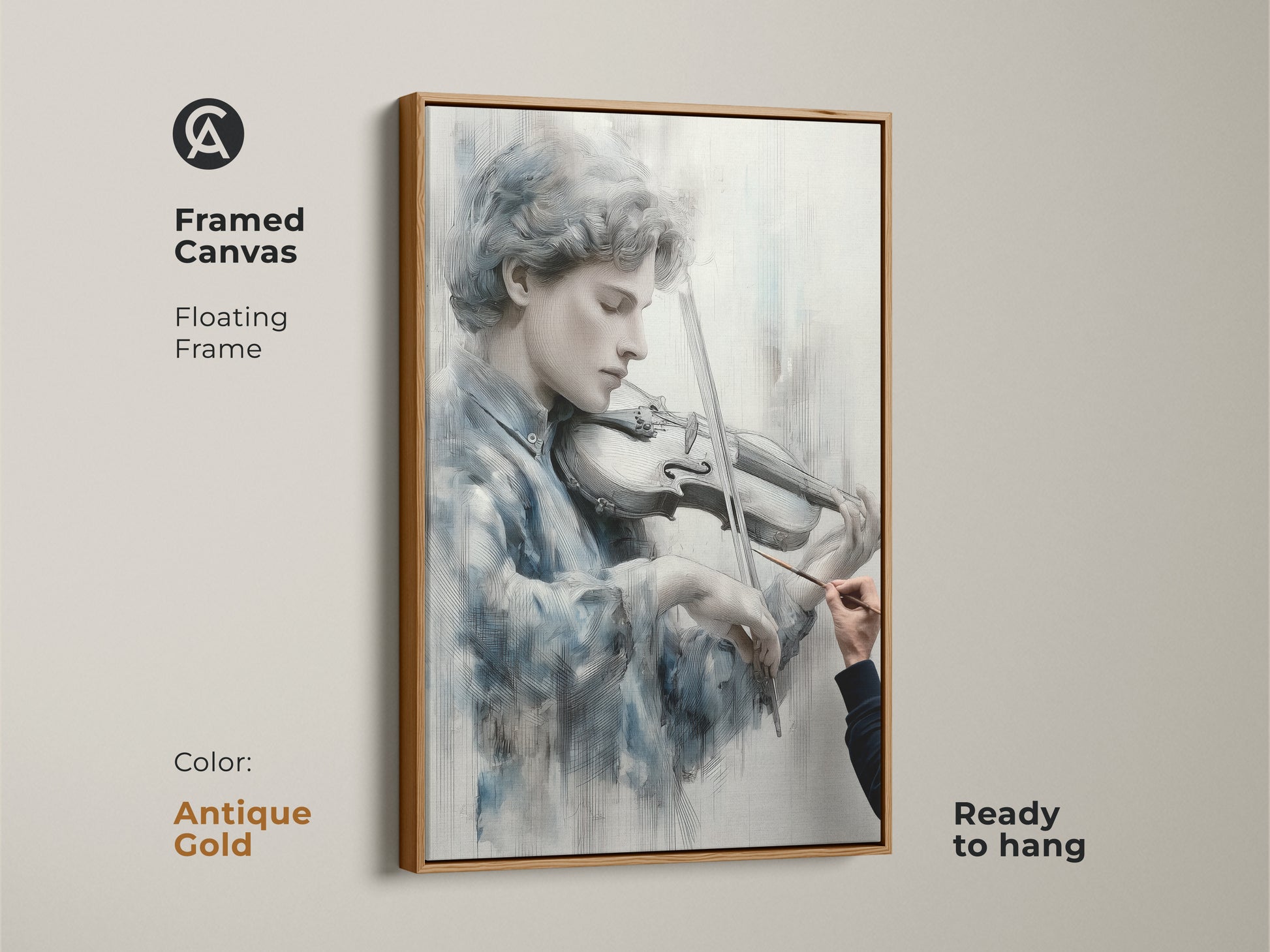 Antique gold framed canvas art of a young violinist. The floating frame adds a vintage touch to the artwork. Ready to hang this fine art print exudes timeless elegance. Perfect for classic interiors and art aficionados. Appreciate the beauty.