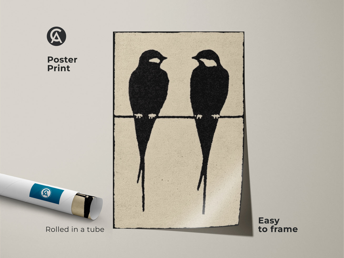 Modern abstract bird canvas rolled as a poster print. Easy to frame this minimalist animal art features two black bird silhouettes. This contemporary abstract art offers a simple wall hanging solution. A black cream art print brings Scandinavian style to your home. Ideal neutral home decor print.
