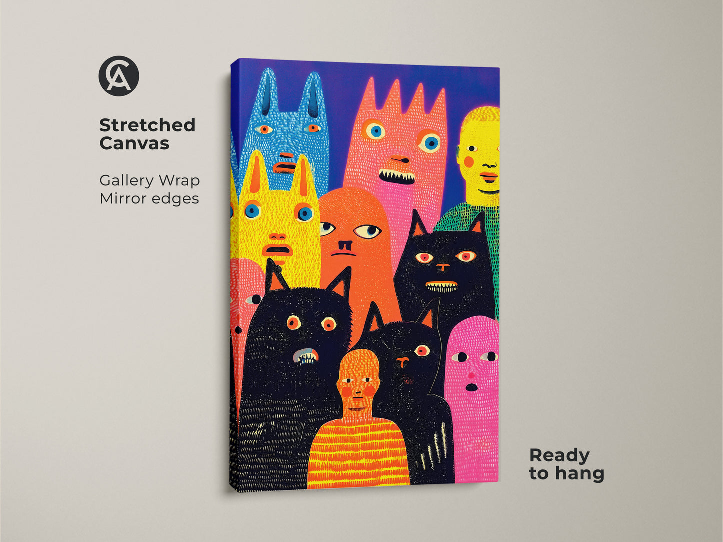 Stretched canvas artwork showcasing whimsical characters. This art is in a modern style. The gallery-wrapped edges give it a sleek look. It features a collection of colorful figures and cats. Ready to hang and enjoy. Add a unique piece to your art collection.