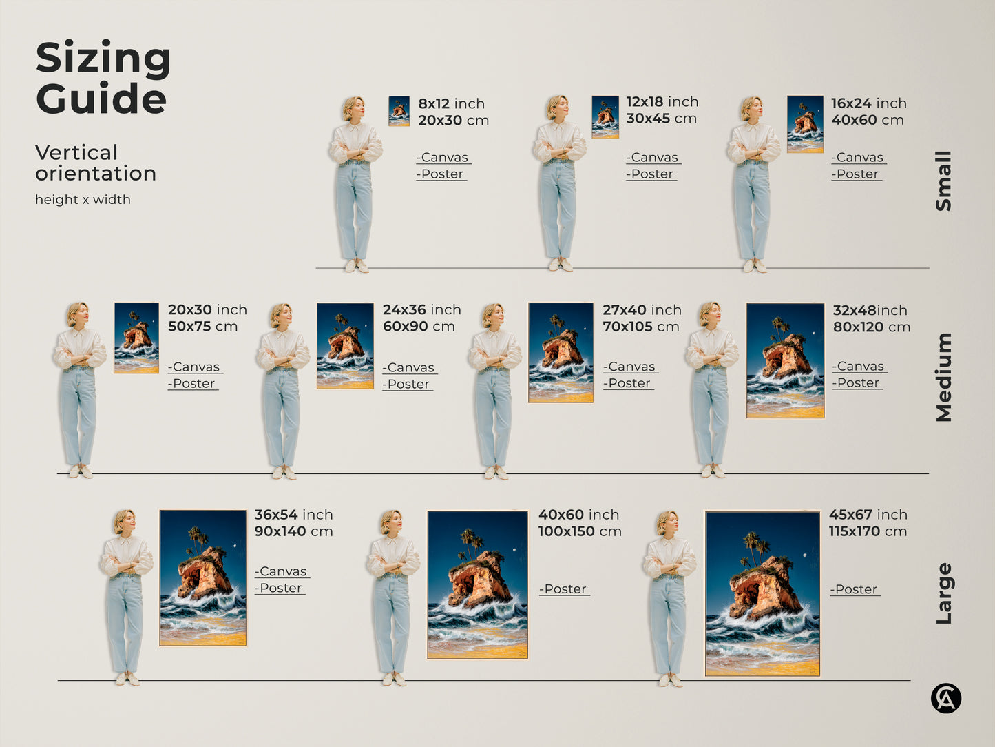 Sizing guide for vertical orientation canvas and poster prints. Visualize different sizes of our island and palm tree artwork. Choose from small medium and large options. Perfect for coastal decor and beach house themes. This ocean waves artwork adds a touch of paradise to any living room or bedroom.