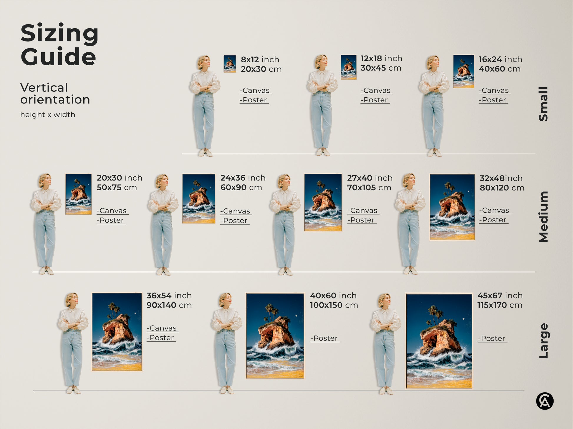 Sizing guide for vertical orientation canvas and poster prints. Visualize different sizes of our island and palm tree artwork. Choose from small medium and large options. Perfect for coastal decor and beach house themes. This ocean waves artwork adds a touch of paradise to any living room or bedroom.
