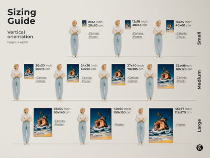 Sizing guide for vertical orientation canvas and poster prints. Visualize different sizes of our island and palm tree artwork. Choose from small medium and large options. Perfect for coastal decor and beach house themes. This ocean waves artwork adds a touch of paradise to any living room or bedroom.