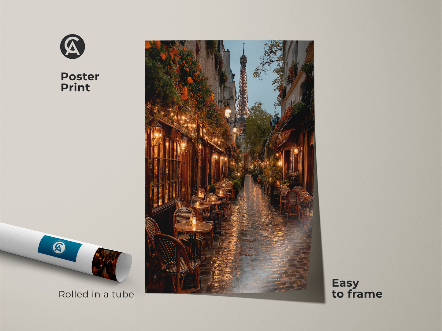 Poster print of a Parisian cafe scene. This artwork captures the romantic atmosphere of Paris. The Eiffel Tower is visible down the street. The poster is easy to frame for your home.