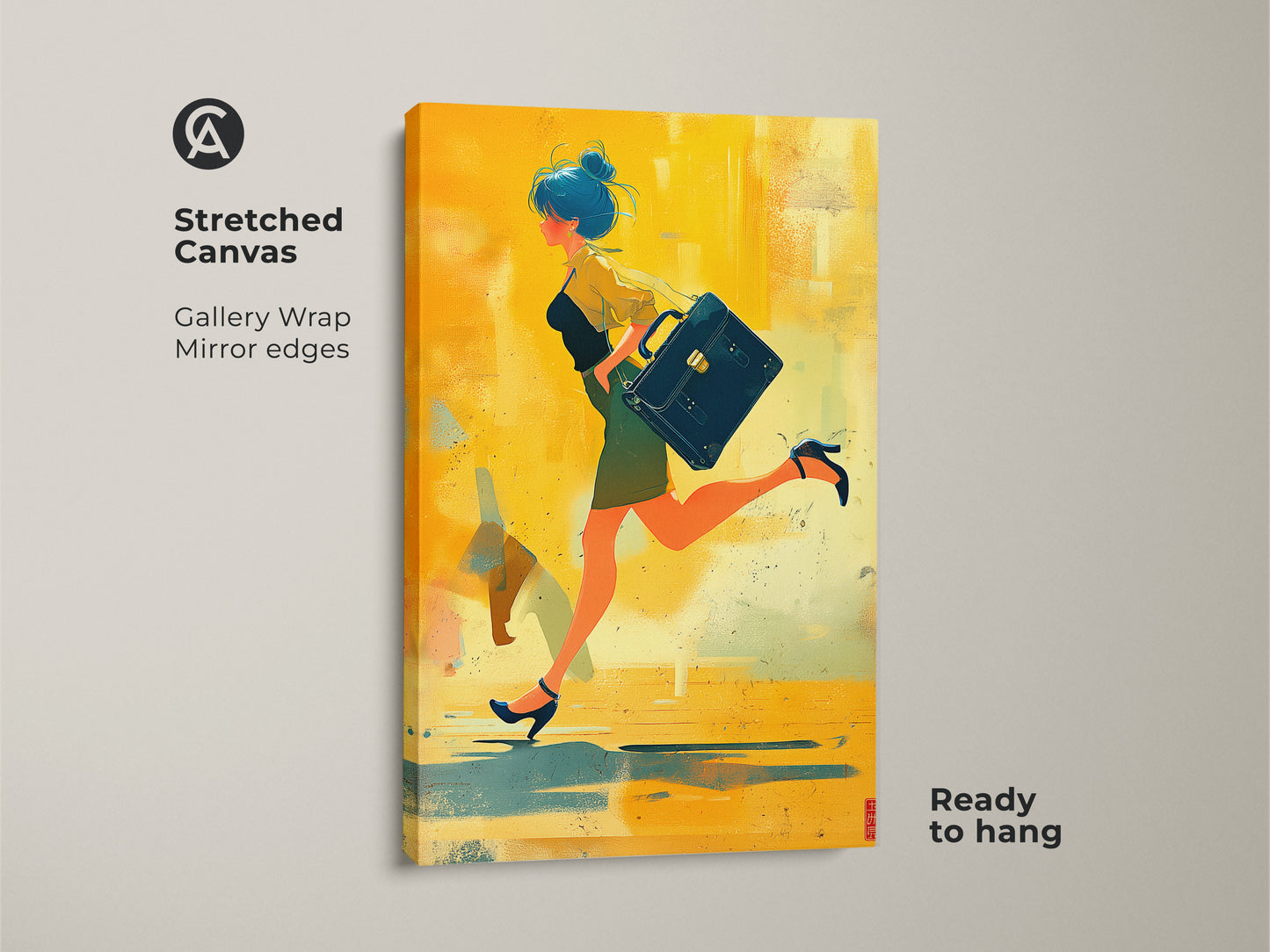 Stretched canvas gallery wrap of a woman with briefcase. The modern abstract art uses yellow orange and teal. This modern office wall art would make a great gift for her.