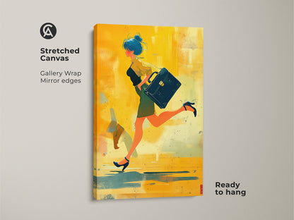 Stretched canvas gallery wrap of a woman with briefcase. The modern abstract art uses yellow orange and teal. This modern office wall art would make a great gift for her.