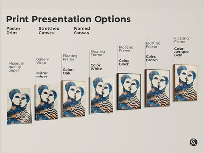 Close view of the texture and colors of this modern anniversary gift. The blue abstract canvas features figurative artwork. This eclectic home decor is a unique choice. The couple faces canvas print adds style to any living space.