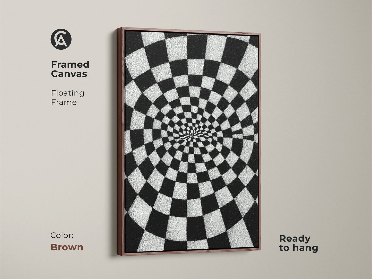Framed Canvas Abstract Spiral Checkerboard artwork. A brown floating frame surrounds the black and white Op Art Print. It is geometric wall decor for a hallway or office. This contemporary art is ready to hang.