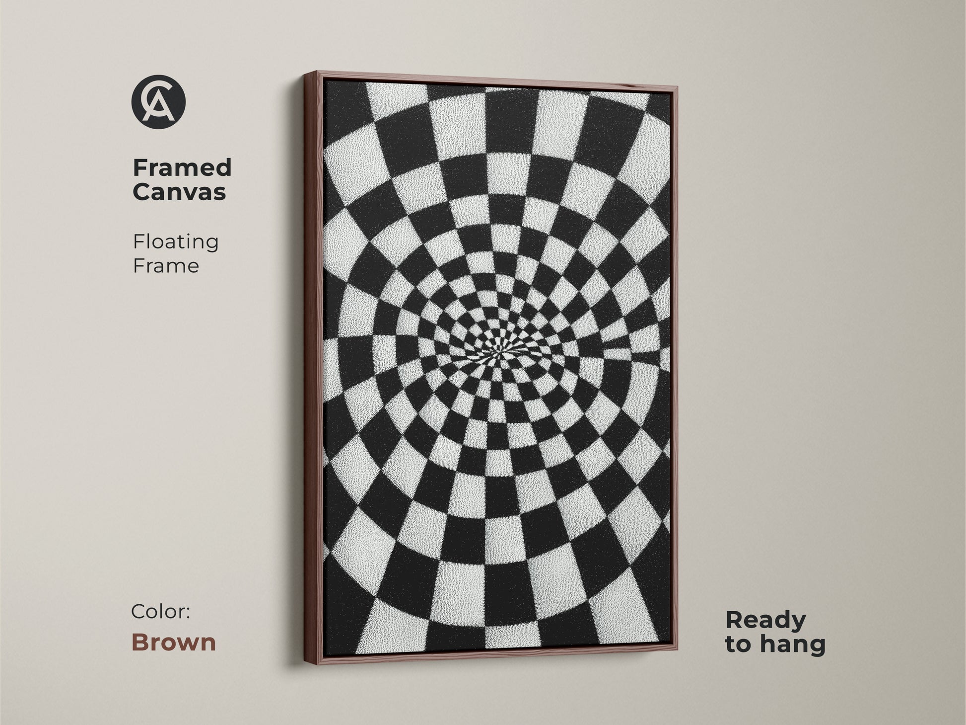 Framed Canvas Abstract Spiral Checkerboard artwork. A brown floating frame surrounds the black and white Op Art Print. It is geometric wall decor for a hallway or office. This contemporary art is ready to hang.