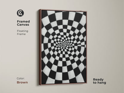 Framed Canvas Abstract Spiral Checkerboard artwork. A brown floating frame surrounds the black and white Op Art Print. It is geometric wall decor for a hallway or office. This contemporary art is ready to hang.