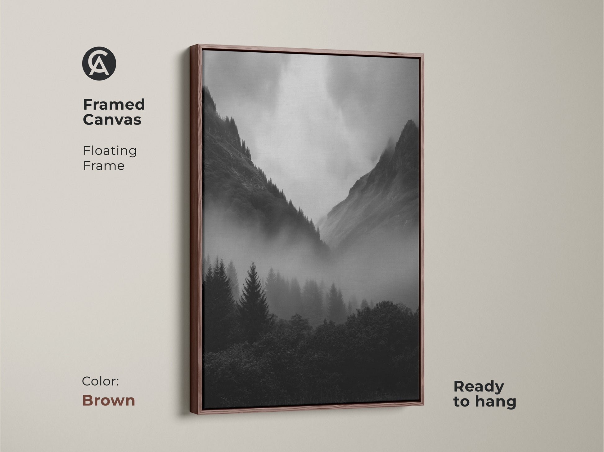 Framed monochrome forest canvas art in a brown floating frame. Black and white mountain landscape artwork ideal for modern nature decor. Misty pine trees create a serene nature artwork. A dramatic mountain scene.