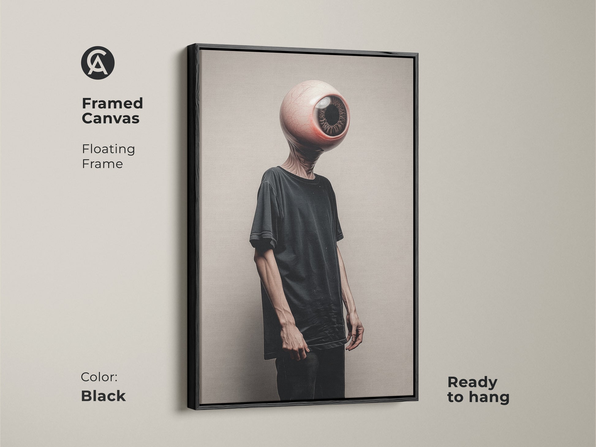 This framed canvas showcases a surreal eyeball head. The floating frame adds a modern touch. The dark aesthetic wall decor is perfect for eclectic rooms. Ready to hang this black framed art elevates office and home spaces. This unique piece is a great gift.