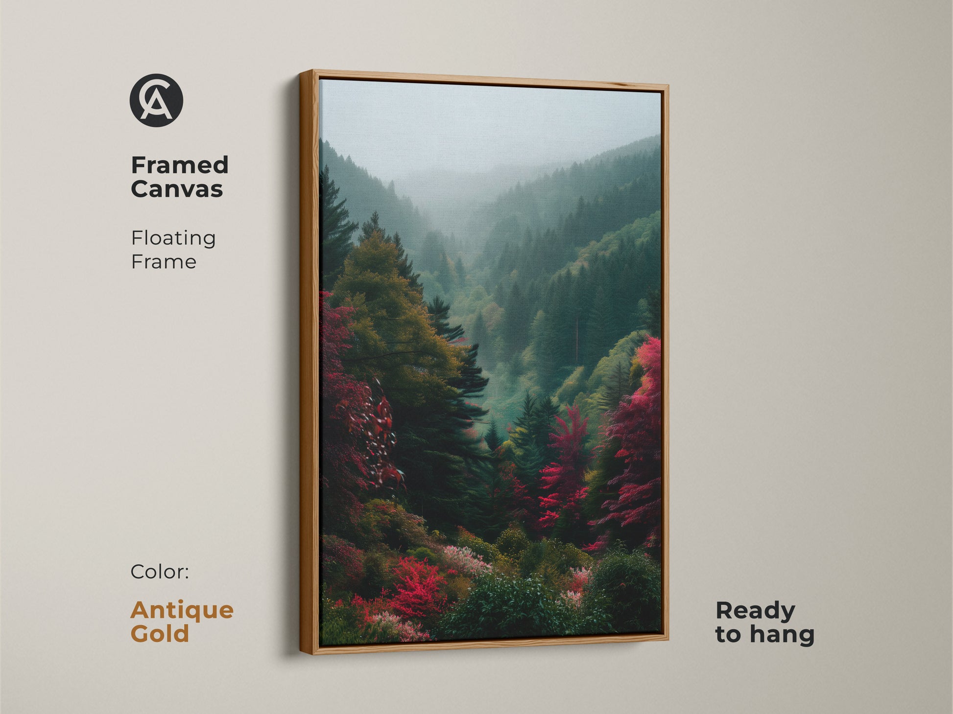 Antique Gold framed canvas art capturing a misty forest scene. This floating frame artwork is ready to hang. Bring nature indoors with this beautiful landscape. Shop fine art prints today.