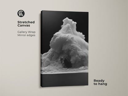 Dramatic monochrome wave canvas art ready to hang. This black and white ocean print features gallery wrapped edges. Contemporary sea spray decor for a minimalist coastal artwork style. Perfect surfer beach wall art for a bedroom art print. A striking ocean view for your home office.