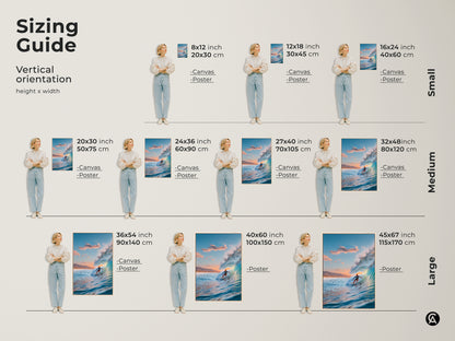 Sizing guide for vertical surfer artwork. Available in small medium and large. Find the perfect size for your space. Choose from canvas or poster print. Transform your home with coastal art.