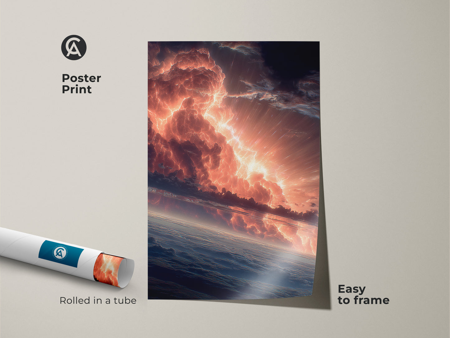 Eye-catching poster print of a fiery sky. The clouds and horizon create a dramatic scene. This artwork is easy to frame and display. Rolled in a tube for safe shipping. Perfect for adding a pop of color to any space.