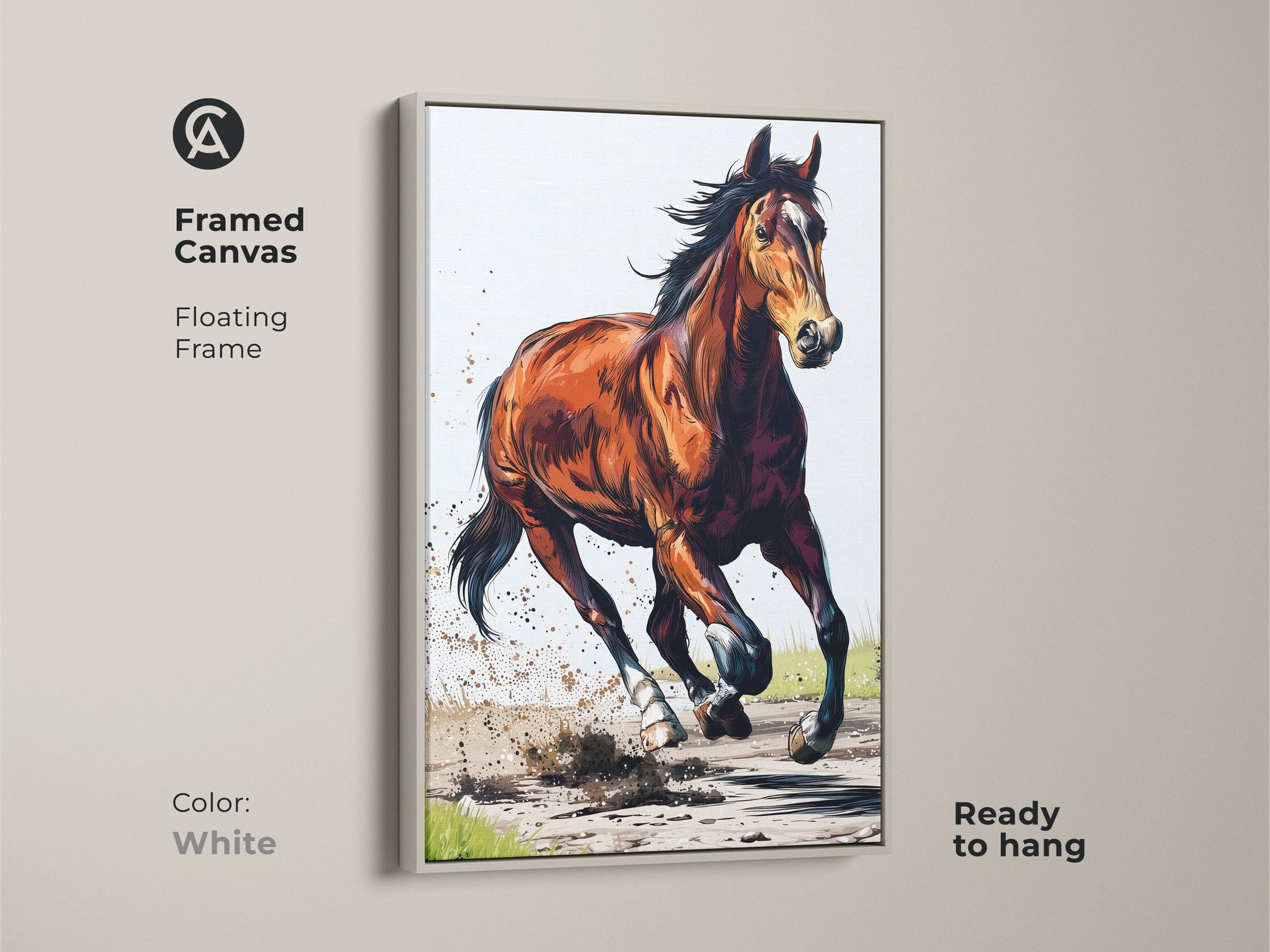 Framed canvas of a chestnut horse galloping in a white floating frame. Expressive wildlife art ready to hang. Dynamic animal artwork adds a rustic touch. Perfect for equestrian home decor.