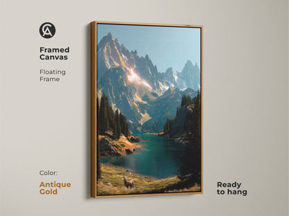 Framed mountain lake canvas artwork with an antique gold floating frame. This ready-to-hang piece showcases a stunning landscape. It includes snow-capped mountains a pristine lake and a deer. Transform your space with this beautiful art.