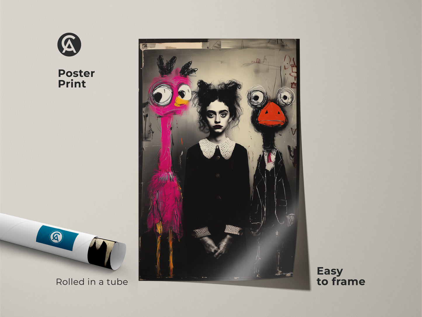 Poster print of surreal wall art. This easy to frame poster print features a pink flamingo and ostrich character. It is rolled in a tube. This is perfect for eclectic or modern decor. This whimsical artwork is a great gift for art lovers. The black white and pink colors add a unique touch.