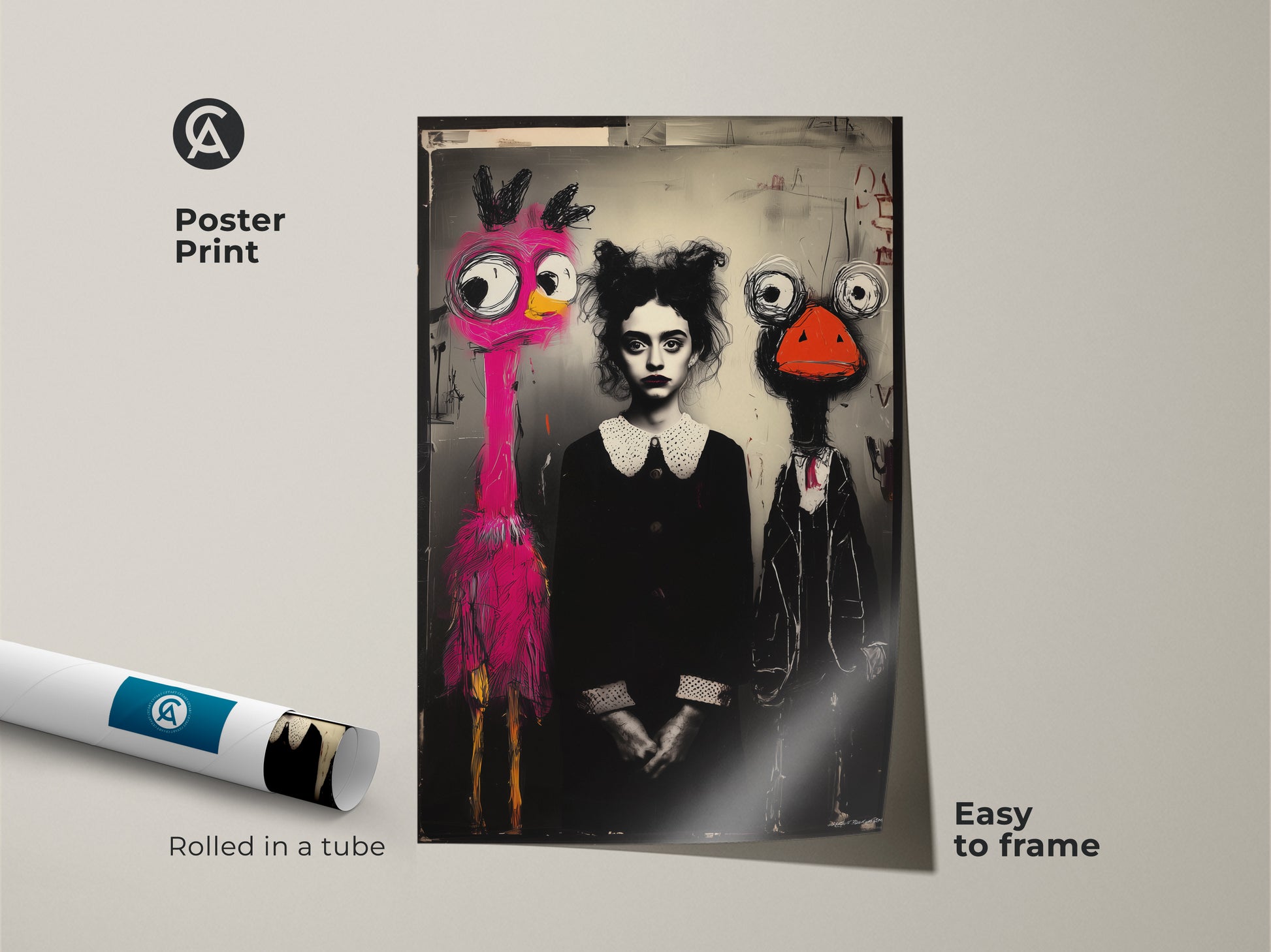 Poster print of surreal wall art. This easy to frame poster print features a pink flamingo and ostrich character. It is rolled in a tube. This is perfect for eclectic or modern decor. This whimsical artwork is a great gift for art lovers. The black white and pink colors add a unique touch.