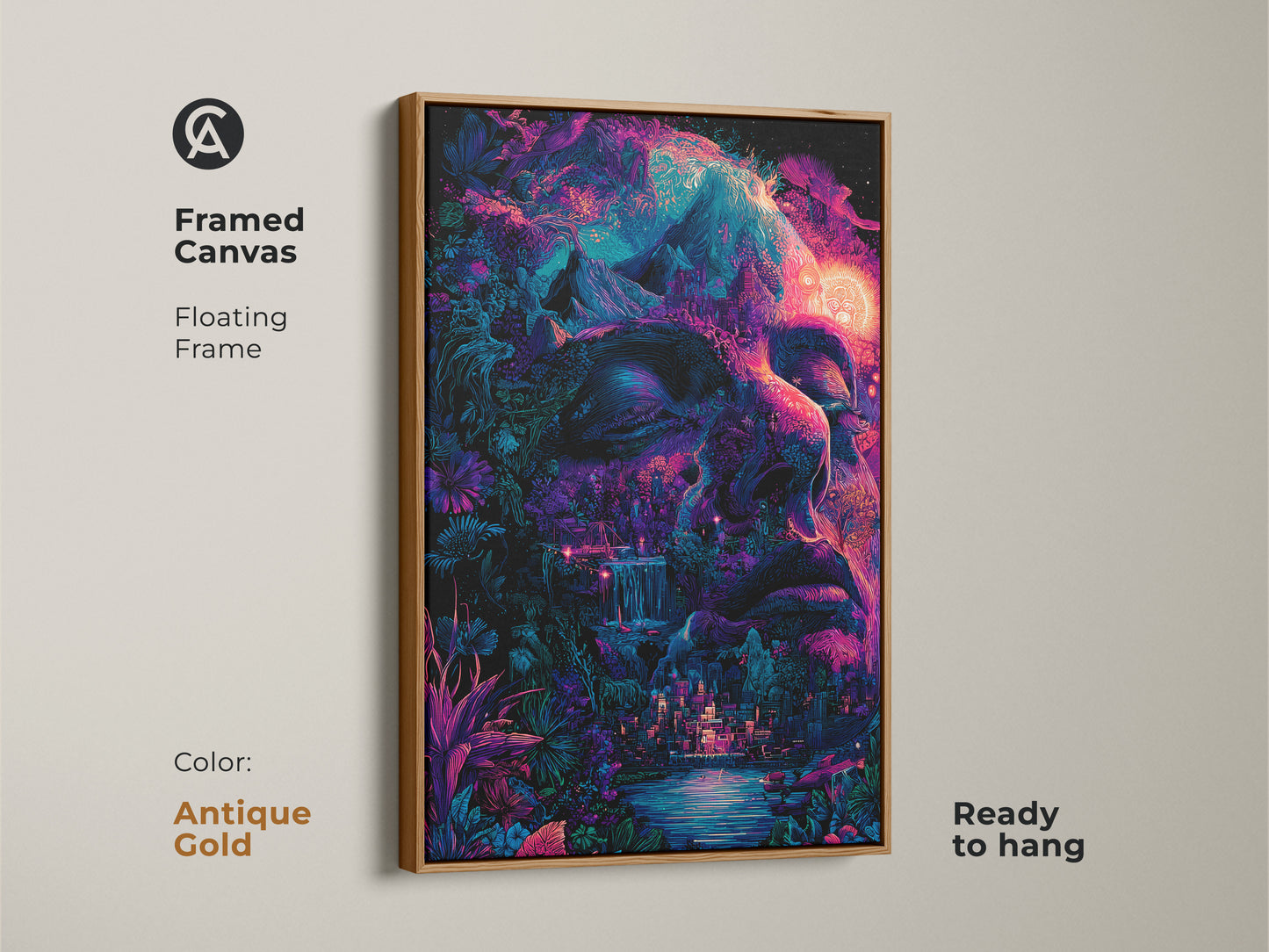 Framed canvas with a floating antique gold frame. The psychedelic face art combines nature and surreal elements. The antique gold frame adds a touch of vintage charm. Ready to hang and perfect for enhancing your living space art collection.