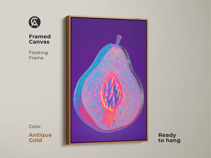 Antique Gold framed canvas showcases abstract pear artwork. The floating frame highlights the magenta purple and blue hues. This psychedelic fruit canvas is an eclectic art piece. It's a perfect gift for adding a modern touch.