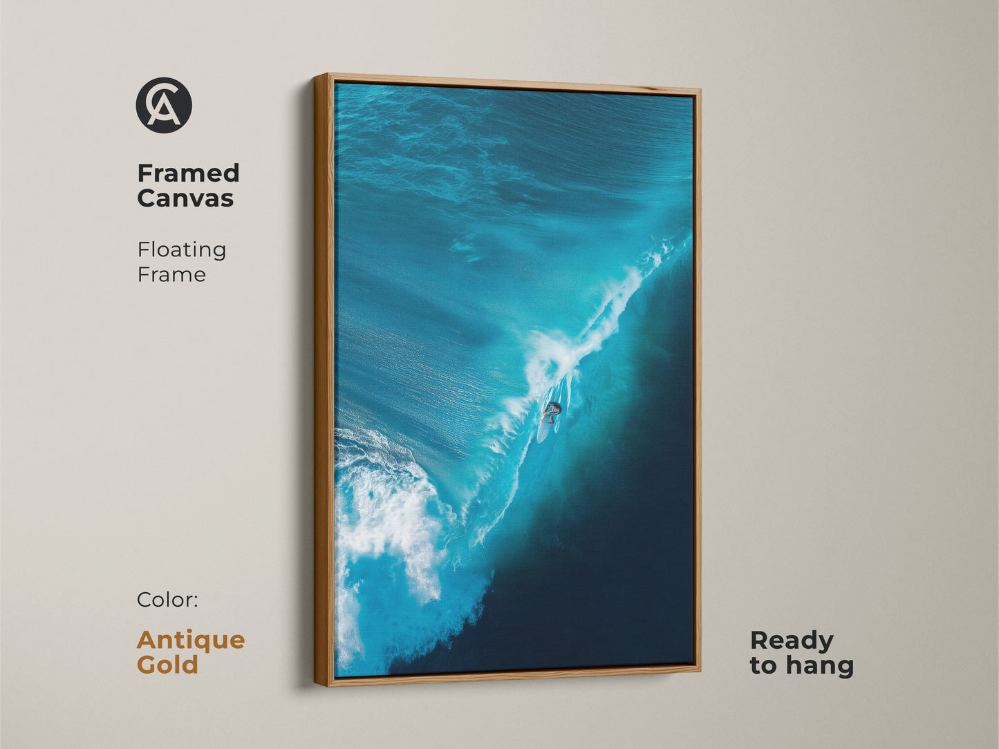 This framed canvas artwork features a surfer riding a blue wave. The antique gold floating frame enhances the art. It is ready to hang and adds a luxurious touch. Perfect for surf art collectors. Bring the ocean's beauty indoors today