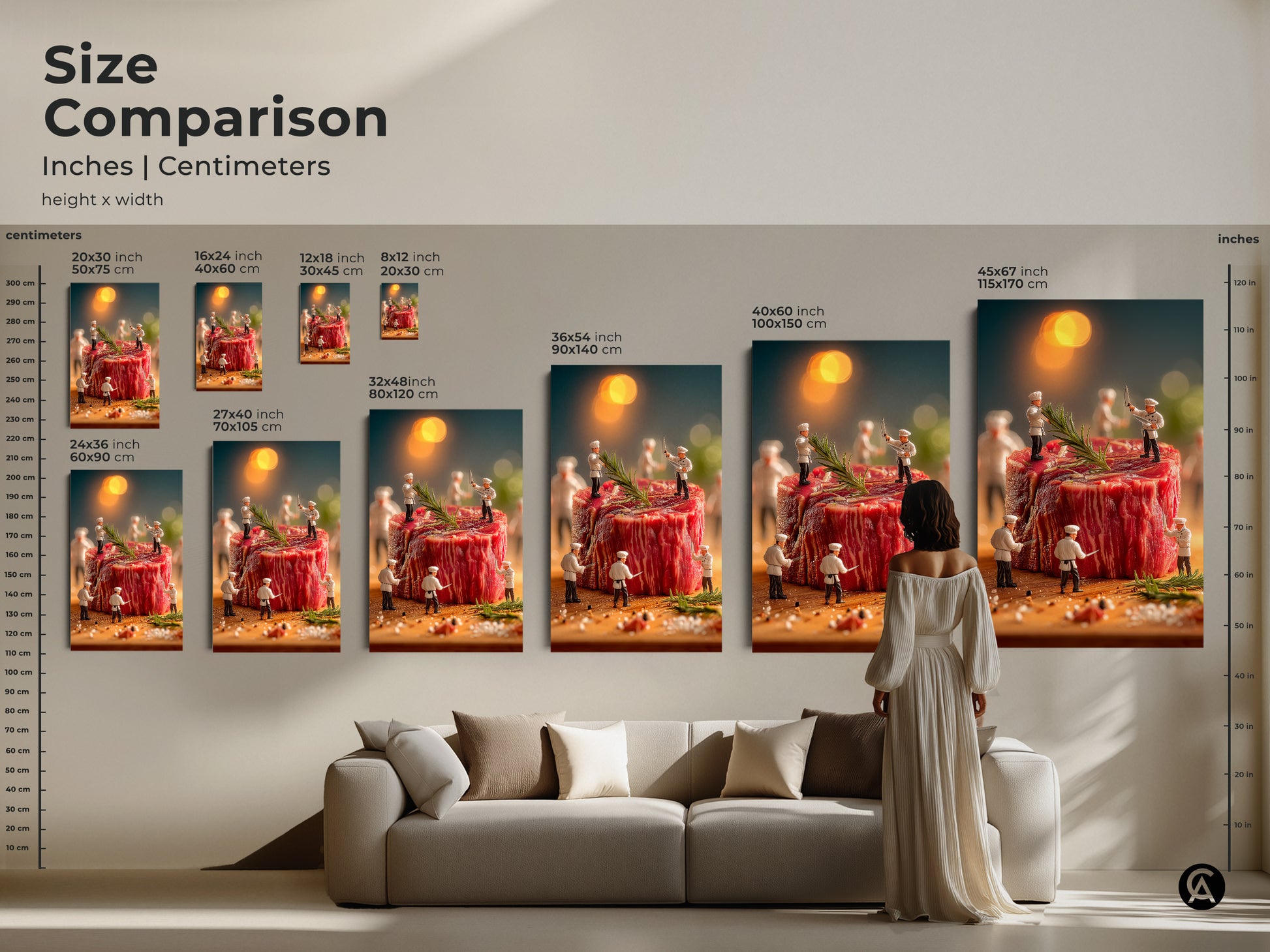 Size comparison of miniature chef and steak artwork. See how different sizes fit above a sofa. Options include canvas and poster prints. Choose the ideal size for your living room. Sizes range from 20x30 cm to 45x67 inch. Visualize the impact of this culinary art in your home.