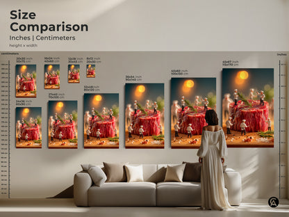 Size comparison of miniature chef and steak artwork. See how different sizes fit above a sofa. Options include canvas and poster prints. Choose the ideal size for your living room. Sizes range from 20x30 cm to 45x67 inch. Visualize the impact of this culinary art in your home.
